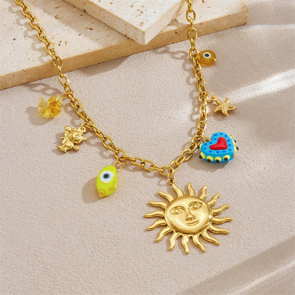 Fashion Personality Trend Cartoon Heart Eyes Face Sun Stainless Steel Gold Plated Necklace