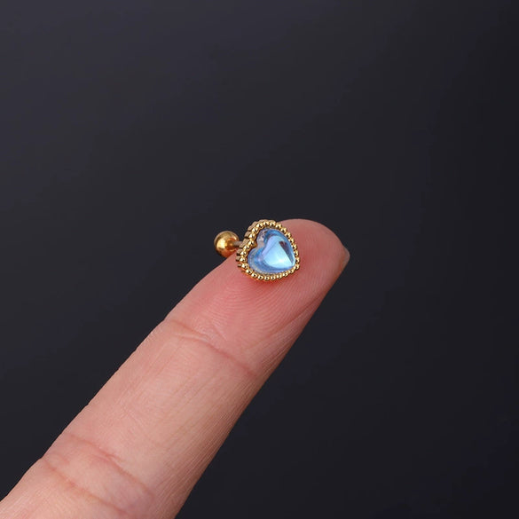 Fashion Piercing Jewelry Heart Moonstone Metal Ear Nail With Geometric Design And Electroplating