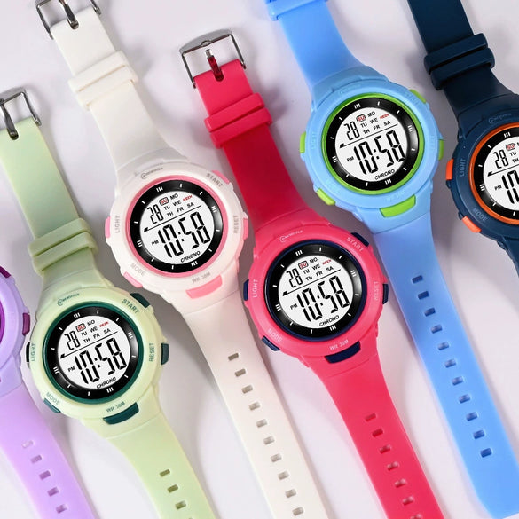 Fashion Pin Buckle Electronic Watch Plastic Case Pu Strap Organic Glass Mirror Round Dial Fresh Style Luminous Waterproof