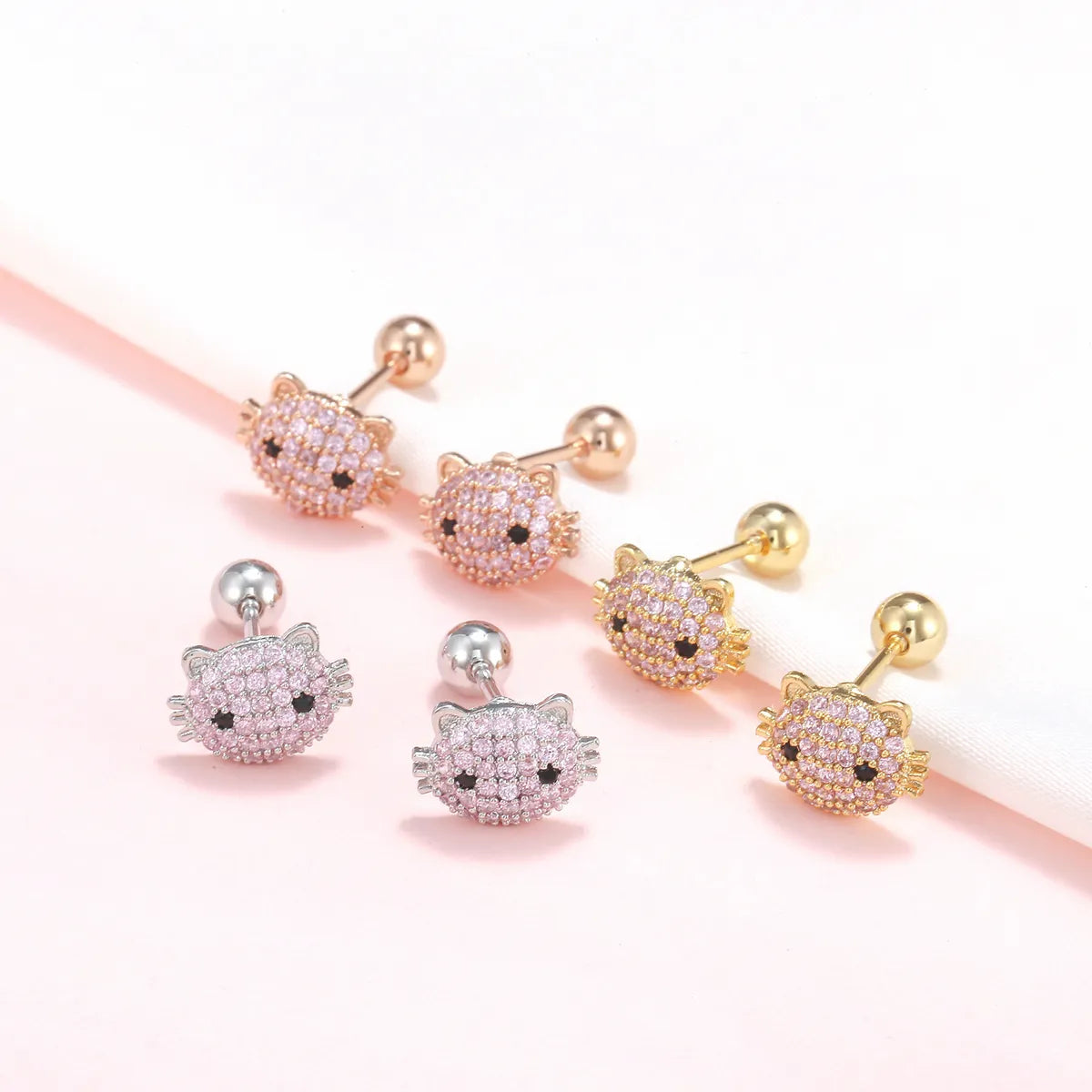 Fashion Pink Cat Earrings Piercing Screw Ball Ear Studs