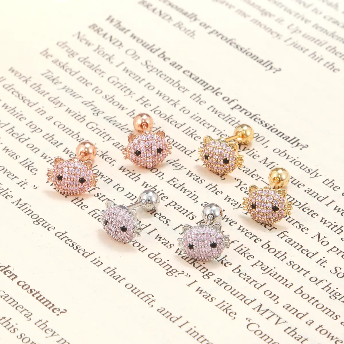 Fashion Pink Cat Earrings Piercing Screw Ball Ear Studs