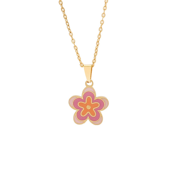 Fashion Pink Love Flower Heart Shape Butterfly Pendant Stainless Steel Necklace