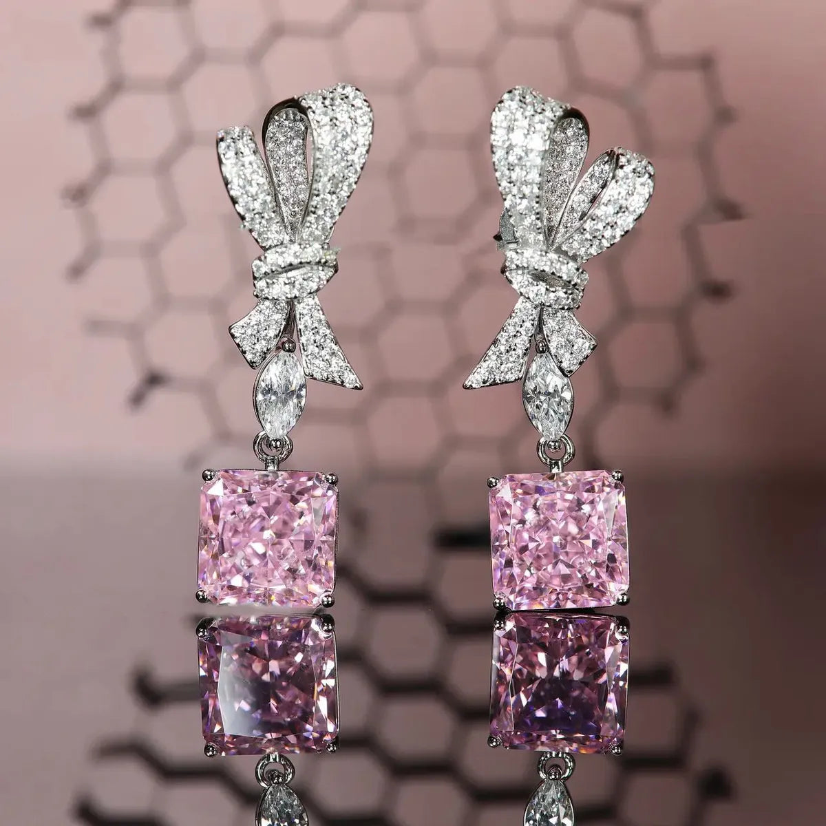 Fashion Pink Yellow Diamond Pendant Full Diamond Bow Copper Earrings