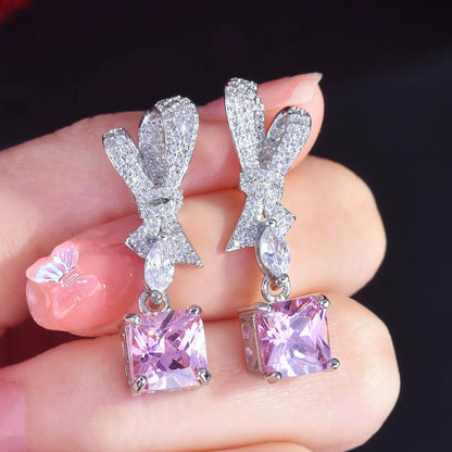 Fashion Pink Yellow Diamond Pendant Full Diamond Bow Copper Earrings