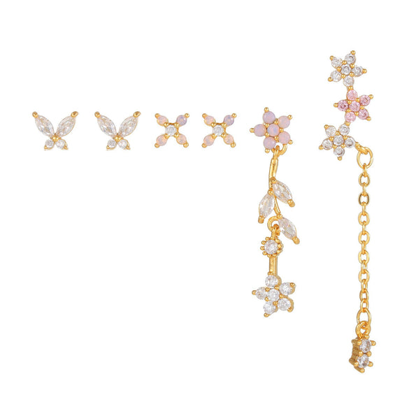 Fashion Pink Zircon Earrings Set Copper Material With Flower Pattern