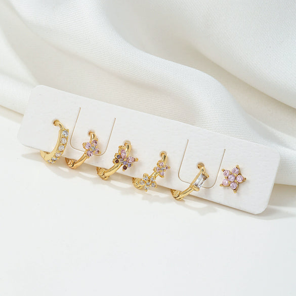 Fashion Pink Zircon Earrings Set Copper Material With Flower Pattern