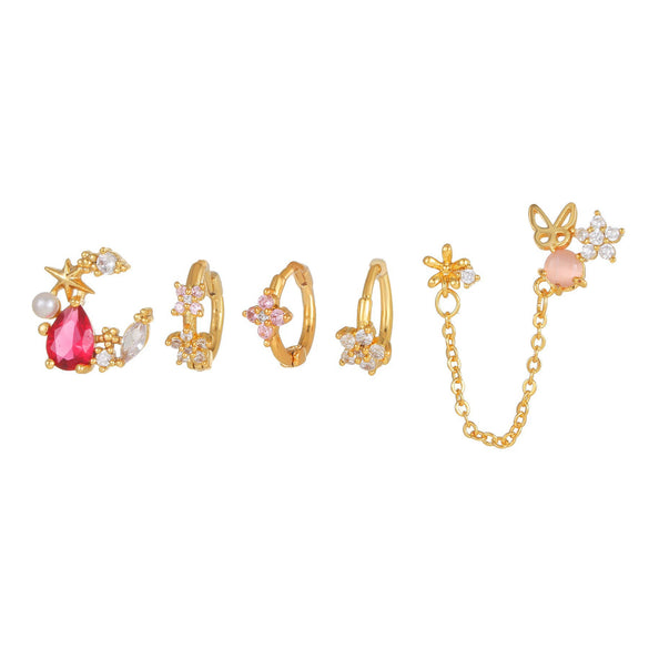 Fashion Pink Zircon Earrings Set Copper Material With Flower Pattern