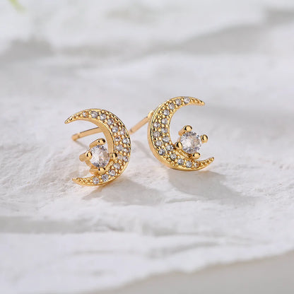 Fashion Plated 18k Gold Micro Inlaid Zircon Moon-Shaped Copper Ear Stud Earrings