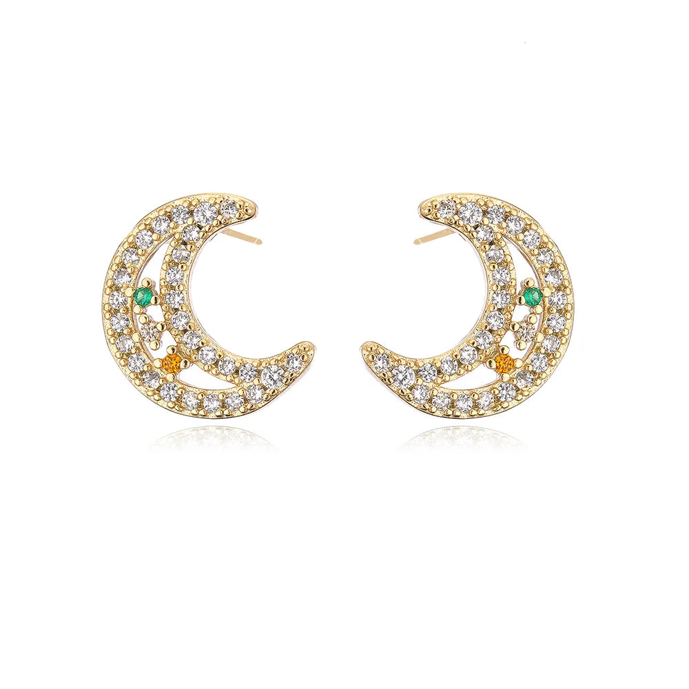 Fashion Plated 18k Gold Micro Inlaid Zircon Moon-Shaped Copper Ear Stud Earrings