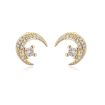 Fashion Plated 18k Gold Micro Inlaid Zircon Moon-Shaped Copper Ear Stud Earrings