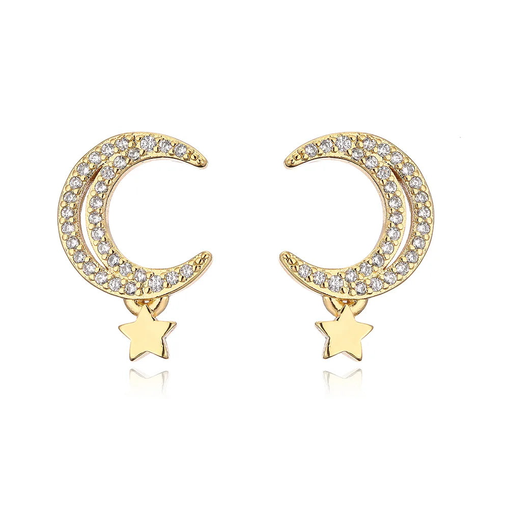 Fashion Plated 18k Gold Micro Inlaid Zircon Moon-Shaped Copper Ear Stud Earrings