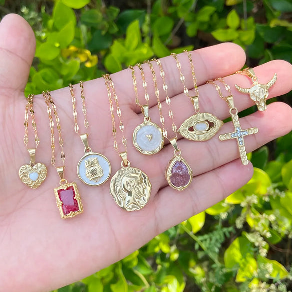 Fashion Portrait Geometric Owl Stainless Steel Pendant Necklace Plating Inlaid Zircon No Inlaid Stainless Steel Necklaces