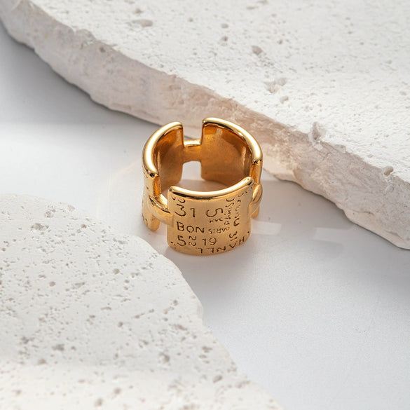 Fashion Punk Wide Edition Stainless Steel Geometric Carved Alphabet Ring With Electroplating For Women