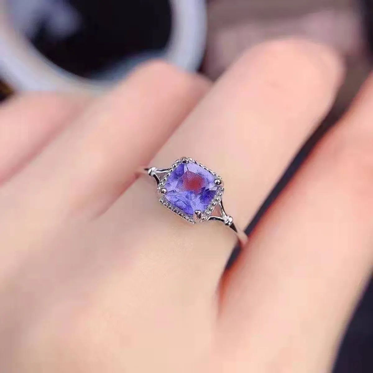 Fashion Purple Diamond Ring Simple Square Blue Diamond Opening Copper Ring