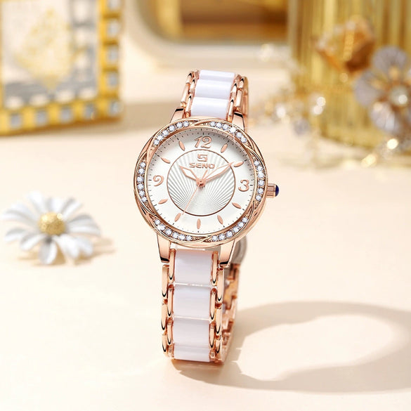 Fashion Quartz Watch For Ladies With Ceramic Watchband Butterfly Buckle Waterproof Mineral Strengthened Glass Mirror Alloy Case Stainless Steel Clasp Round Dial