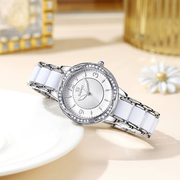 Fashion Quartz Watch For Ladies With Ceramic Watchband Butterfly Buckle Waterproof Mineral Strengthened Glass Mirror Alloy Case Stainless Steel Clasp Round Dial