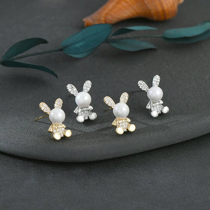 Fashion Rabbit Copper Inlay Artificial Pearls Zircon Ear Studs 1 Pair