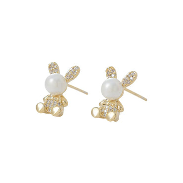 Fashion Rabbit Copper Inlay Artificial Pearls Zircon Ear Studs 1 Pair