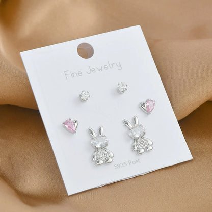 Fashion Rabbit Round Heart Shape Copper Plating Inlay Zircon Ear Studs 1 Set