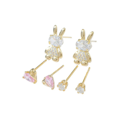 Fashion Rabbit Round Heart Shape Copper Plating Inlay Zircon Ear Studs 1 Set