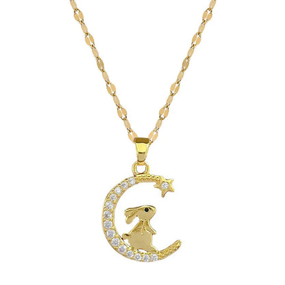 Wholesale Fashion Rabbit Star Moon Stainless Steel Copper Inlay Rhinestones Pendant Necklace