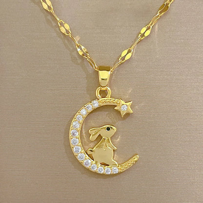 Wholesale Fashion Rabbit Star Moon Stainless Steel Copper Inlay Rhinestones Pendant Necklace