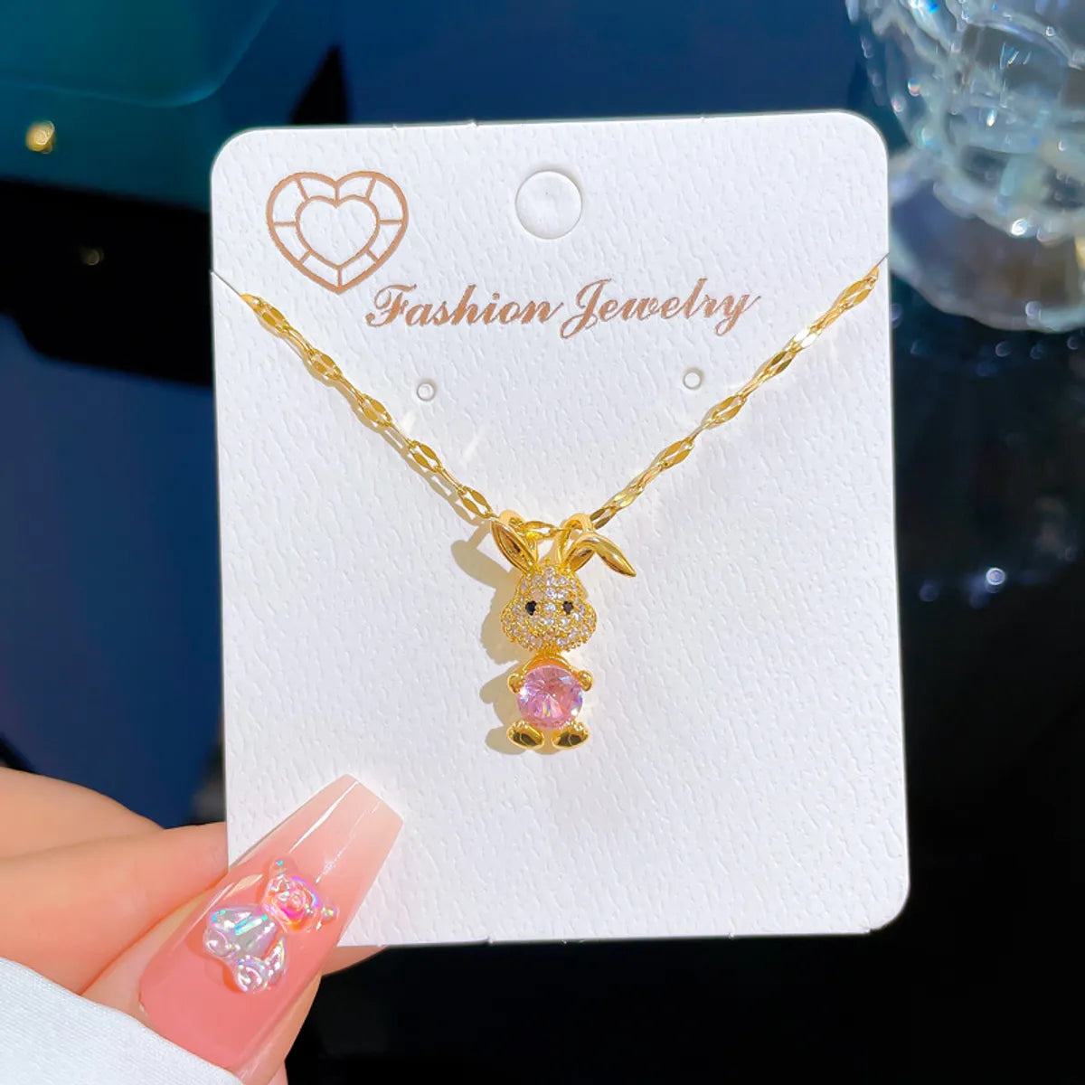 Fashion Rabbit Titanium Steel Copper Inlay Artificial Diamond Pendant Necklace