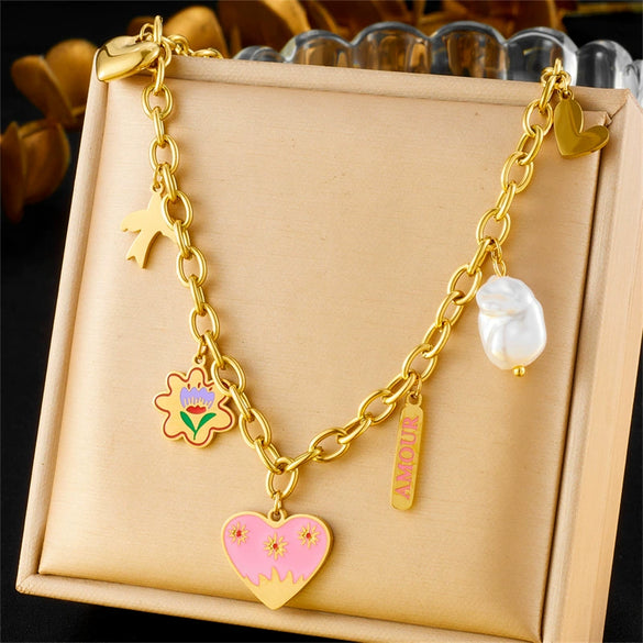 Fashion Rainbow Flower Heart Shape Butterfly Eye Pendant Stainless Steel O Chain Necklace With Electroplating