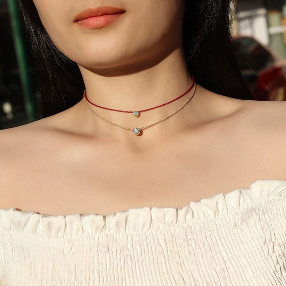 Fashion Red Rope Clavicle Chain 925 Silver Moissanite Inlay Necklace
