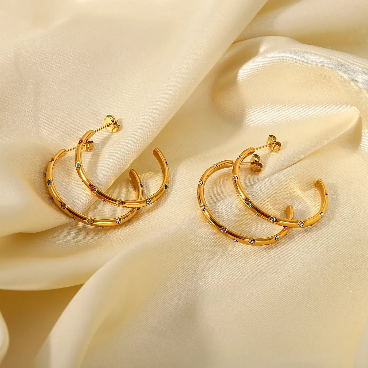 Fashion C Shape Plating Stainless Steel Zircon Gold Plated Earrings