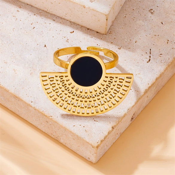 Fashion Retro Black Goldplated Fanshaped Stainless Steel Pendant Chain Necklace Ring Stud Earrings For Women