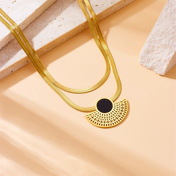 Fashion Retro Black Goldplated Fanshaped Stainless Steel Pendant Chain Necklace Ring Stud Earrings For Women