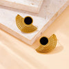 Fashion Retro Black Goldplated Fanshaped Stainless Steel Pendant Chain Necklace Ring Stud Earrings For Women