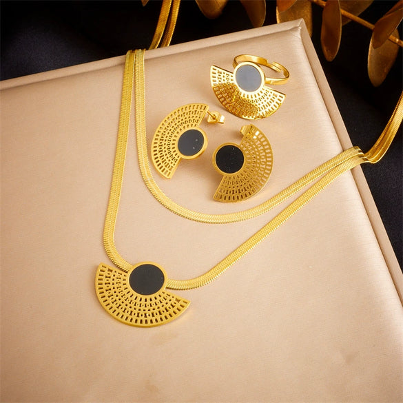 Fashion Retro Black Goldplated Fanshaped Stainless Steel Pendant Chain Necklace Ring Stud Earrings For Women