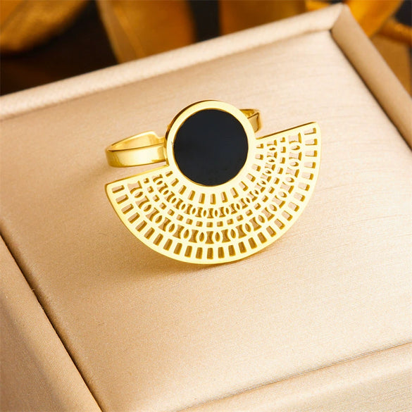 Fashion Retro Black Goldplated Fanshaped Stainless Steel Pendant Chain Necklace Ring Stud Earrings For Women