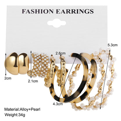 Fashion Retro C-shaped Inlaid Pearl Earrings Set 5 Pairs Of Alloy Earrings