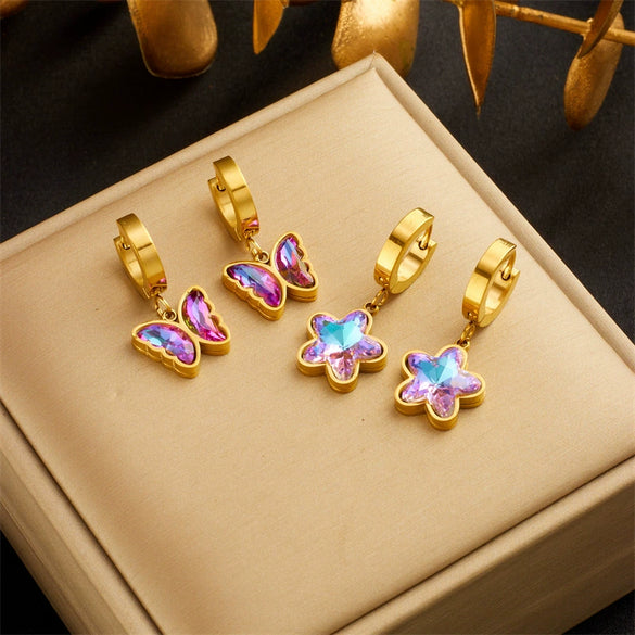 Fashion Retro Colorful Purple Rhinestone Butterfly Titanium Steel Gold Plated Pendant Accessories Earrings