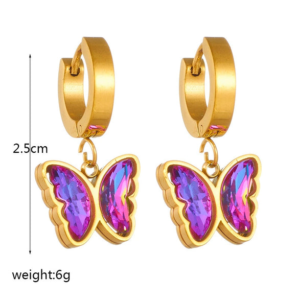 Fashion Retro Colorful Purple Rhinestone Butterfly Titanium Steel Gold Plated Pendant Accessories Earrings