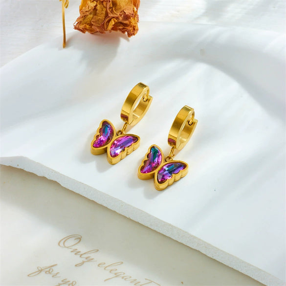 Fashion Retro Colorful Purple Rhinestone Butterfly Titanium Steel Gold Plated Pendant Accessories Earrings