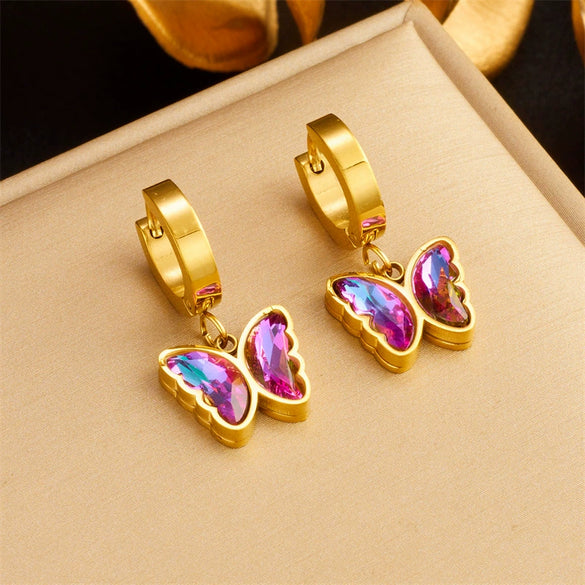 Fashion Retro Colorful Purple Rhinestone Butterfly Titanium Steel Gold Plated Pendant Accessories Earrings