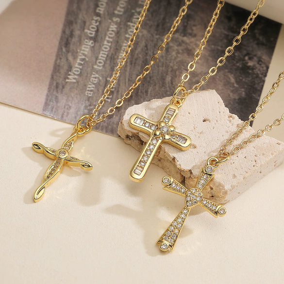 Fashion Retro Copper Geometric Cross Pendant Necklace For Women
