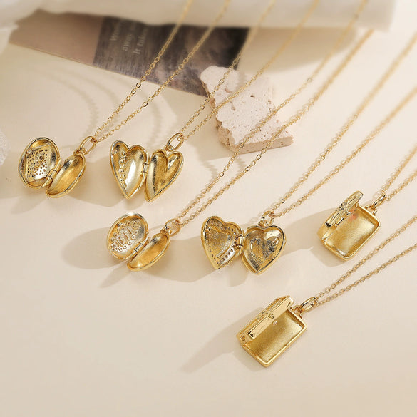 Fashion Retro Copper Plated Zircon Heart Photo Clip Pendant Necklace Geometric Style