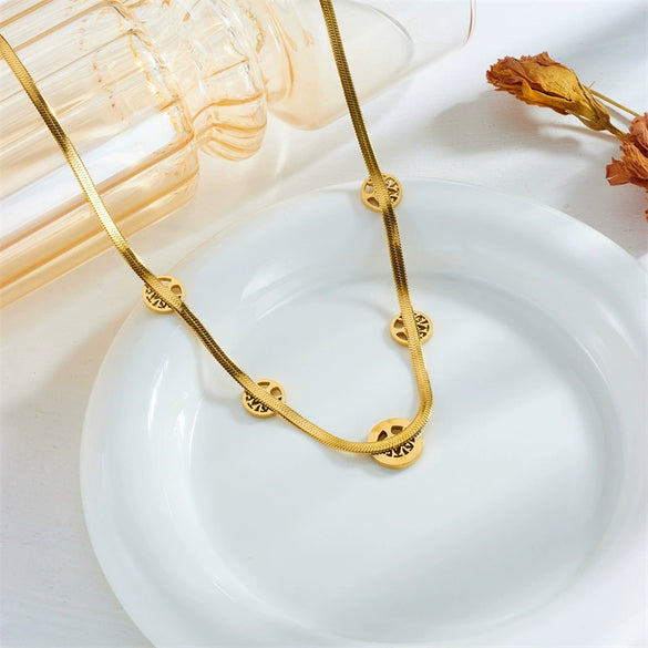 Fashion Retro Diamond Hollow Round Tree Of Life Titanium Steel Jewelry Necklace With Gold Plated Electroplating And Snake Bone Chain For Women