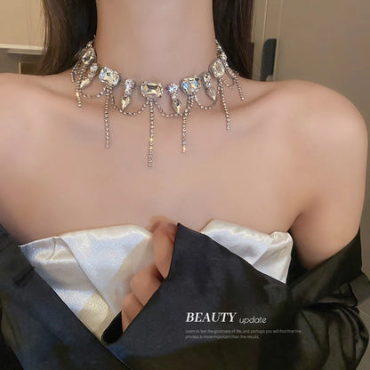 Fashion Retro Diamond-studded Tassel Necklace Copper Clavicle Chain