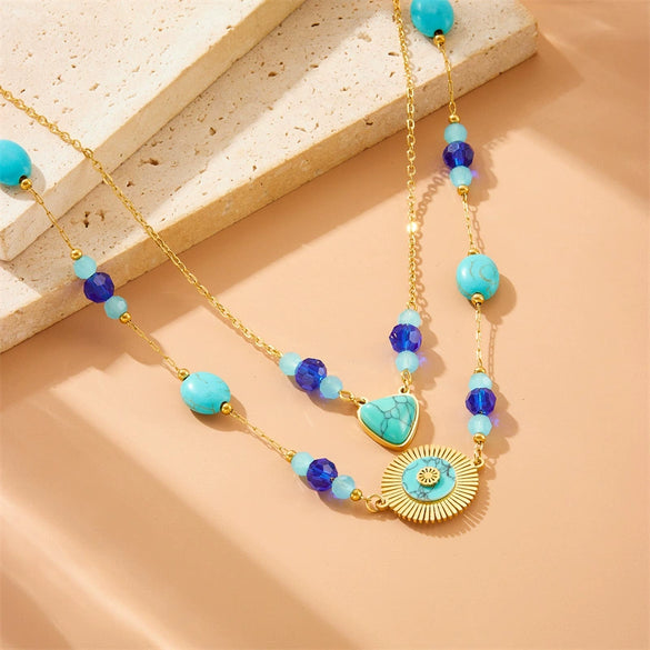 Fashion Retro Double Layer Overlapping Bohemian Beaded Turquoise Stainless Steel Geometric Pendant Chain Necklace With Electroplating