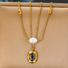Fashion Retro Doublelayer Pearl Facet Gemstone Inlaid Oval Geometric Pendant Stainless Steel Necklace Electroplated