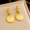 Fashion Retro Geometric Pattern Medallion Coin Pendant Stainless Steel Earrings Gold Plated