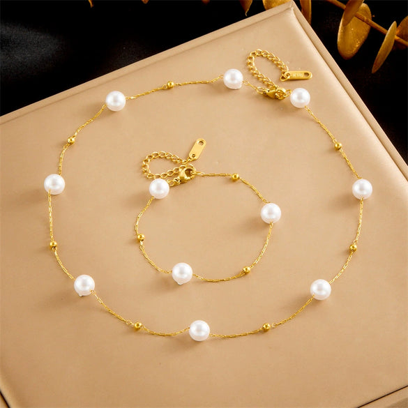 Fashion Retro Geometric Round Pearl Stainless Steel Goldplated Chain Accessories Bracelet Necklace