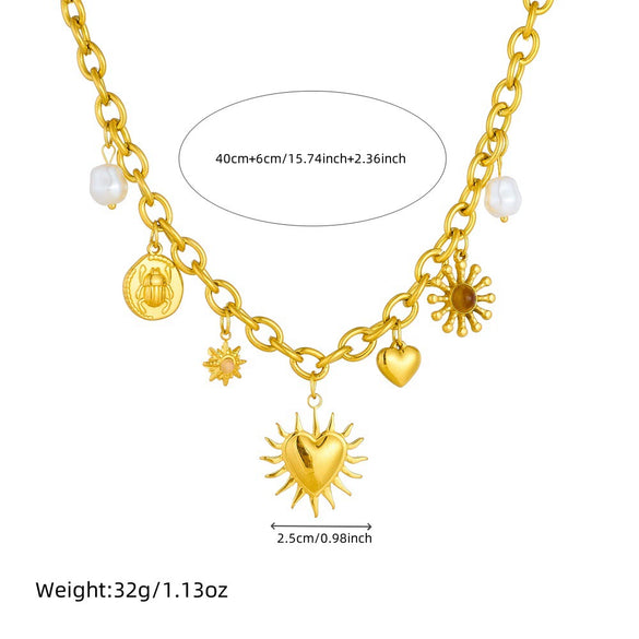 Fashion Retro Gold Plated Stainless Steel Heart Shape Pendant Necklace With Thick O Word Chain And Electroplating