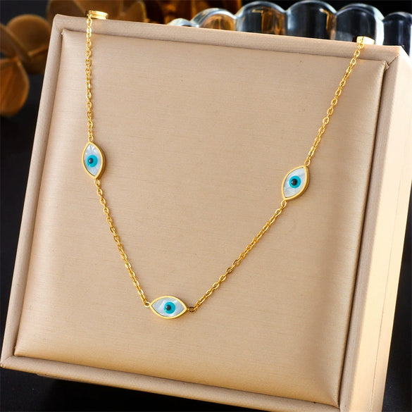 Fashion Retro Gold Plated Stainless Steel Jewelry Chain Necklace And Earrings With Blue Eyes Design For Women